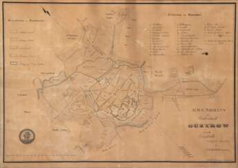 &quot;Grundriss der Vorderstadt Güstrow und ihrer Vorstädte&quot;, Litho., gedruckt J.G. Tiedemann Rostock, 38,5x51 cm, hinter Glas und Rahmen