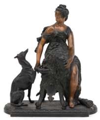 Figur &quot;Frau mit Hund&quot;, Metallguß, dunkelbraun patiniert, z.T. bronziert, H. 22 cm