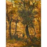 MOREAU, F. ? (undeutl. signiert, französischer Maler 19. Jahrhundert), "Hirtin mit drei Kühen auf einem Waldweg", - Foto 1