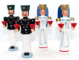 4 Weihnachtsfiguren aus dem Erzgebirge, 2x Leuchterengel und 2x Bergmann, 1980er Jahre, Holz handbemalt, H. je 11 cm, in Originalverpackung, neuwertig