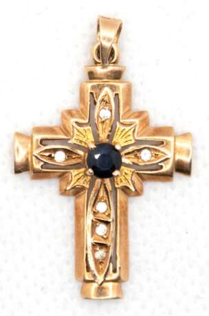 Kreuz-Anhänger, 585er GG, besetzt mit rund facettiertem Saphir und 6 kl. Diamanten, durchbrochen gearbeitet, ges. 2,9 g, Ges.-L. 3,2 cm - Foto 1