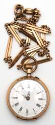 Damen-Taschenuhr, 585 GG, fein ziselierter Deckel mit Schwanendarstellung, Reste schwarzer Emaillierung, funktionstüchtig, Dm. 3,2 cm, mit vergoldeter Uhrenkette, L. 45 cm