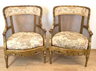 Paar Louis-Seize Sessel, reich geschnitztes Gestell vergoldet, Rückenlehne in Armlehnen übergehend, mit Rattangeflecht, lose Sitzkissen mit Floral- und Vogelmuster, 101x72x63 cm
