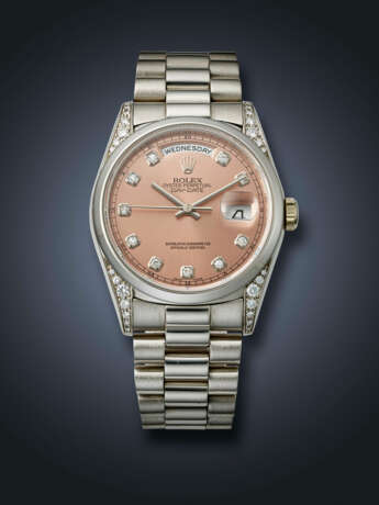 ROLEX, RARE PLATINUM AND DIAMOND-SET 'DAY-DATE' WITH SALMON DIAL, REF. 18296 - фото 1
