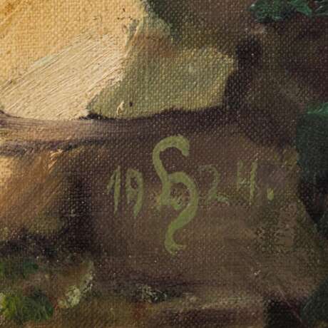 MONOGRAMMIST (Maler/in 19./20. Jahrhundert), "Zweispänniger Planwagen mit Fohlen auf einem Hohlweg", 1924 - photo 3