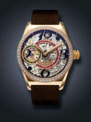 MILLERET, LIMITED EDITION PINK GOLD, DIAMOND AND MULTI-COLORED SAPPHIRE-SET SKELETONIZED WRISTWATCH, NO. 30/37