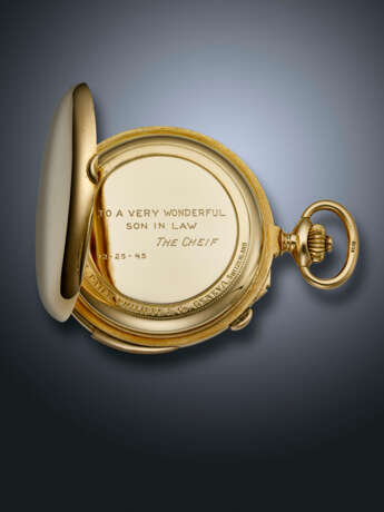 PATEK PHILIPPE, RARE YELLOW GOLD MINUTE REPEATING SPLIT-SECONDS CHRONOGRAPH OPENFACE POCKET WATCH - Foto 3