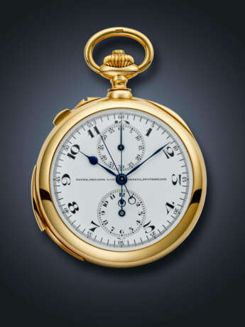 PATEK PHILIPPE, RARE YELLOW GOLD MINUTE REPEATING SPLIT-SECONDS CHRONOGRAPH OPENFACE POCKET WATCH - Foto 1