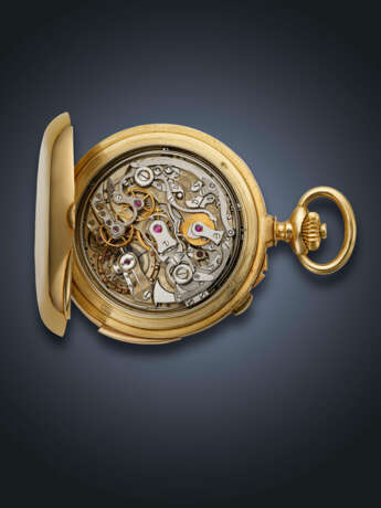 PATEK PHILIPPE, RARE YELLOW GOLD MINUTE REPEATING SPLIT-SECONDS CHRONOGRAPH OPENFACE POCKET WATCH - Foto 4