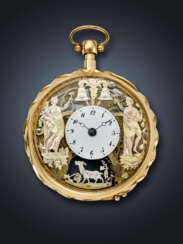 SWISS, YELLOW GOLD JAQUEMART QUARTER REPEATING VERGE OPENFACE POCKET WATCH WITH CONCEALED EROTIC AUTOMATON