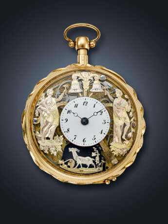 SWISS, YELLOW GOLD JAQUEMART QUARTER REPEATING VERGE OPENFACE POCKET WATCH WITH CONCEALED EROTIC AUTOMATON - фото 1