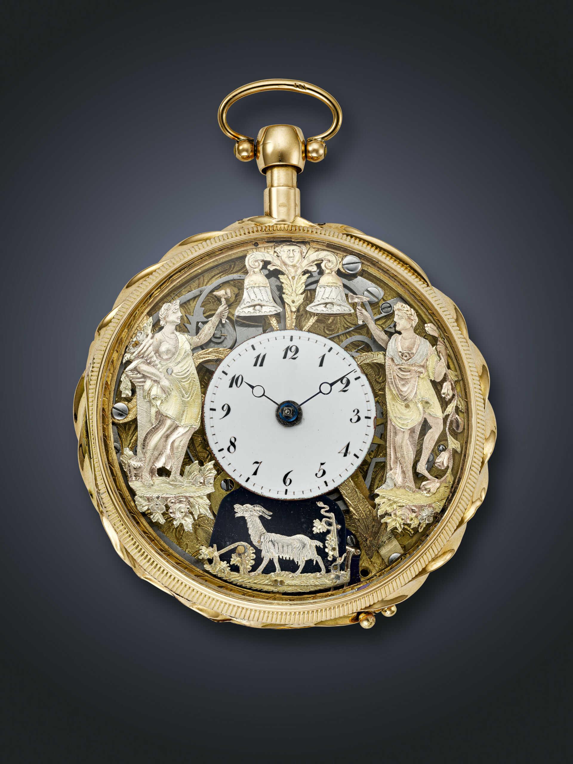 SWISS, YELLOW GOLD JAQUEMART QUARTER REPEATING VERGE OPENFACE POCKET WATCH WITH CONCEALED EROTIC AUTOMATON