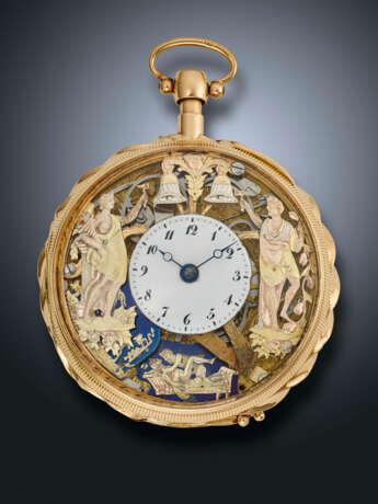 SWISS, YELLOW GOLD JAQUEMART QUARTER REPEATING VERGE OPENFACE POCKET WATCH WITH CONCEALED EROTIC AUTOMATON - Foto 4