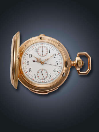 UNSIGNED, 14K PINK GOLD MINUTE REPEATING SINGLE BUTTON CHRONOGRAPH HUNTER-CASE POCKET WATCH - Foto 1
