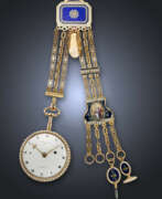 Breguet. BREGUET A PARIS, YELLOW GOLD, PEARLS, DIAMOND-SET AND ENAMEL QUARTER REPEATER VERGE OPENFACE POCKET WATCH WITH MATCHING CHATELAINE AND KEY