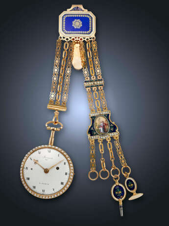 BREGUET A PARIS, YELLOW GOLD, PEARLS, DIAMOND-SET AND ENAMEL QUARTER REPEATER VERGE OPENFACE POCKET WATCH WITH MATCHING CHATELAINE AND KEY - Foto 1