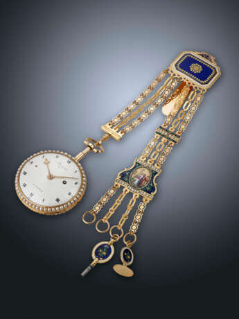 BREGUET A PARIS, YELLOW GOLD, PEARLS, DIAMOND-SET AND ENAMEL QUARTER REPEATER VERGE OPENFACE POCKET WATCH WITH MATCHING CHATELAINE AND KEY - photo 2