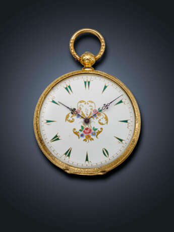 AUGUST COURVOISIER, YELLOW GOLD AND ENAMEL OPENFACE POCKET WATCH - фото 1