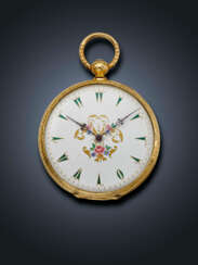 AUGUST COURVOISIER, YELLOW GOLD AND ENAMEL OPENFACE POCKET WATCH