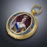 AUGUST COURVOISIER, YELLOW GOLD AND ENAMEL OPENFACE POCKET WATCH - Foto 2
