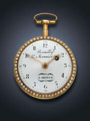 ROMILLY & MONNIER, YELLOW GOLD, PEARLS AND ENAMEL OPENFACE POCKET WATCH
