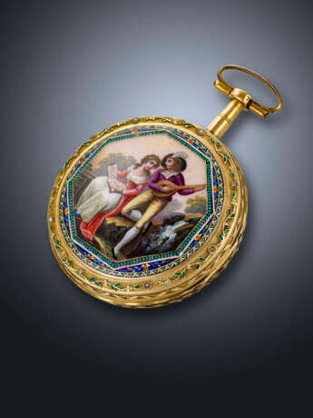 ROMILLY & MONNIER, YELLOW GOLD, PEARLS AND ENAMEL OPENFACE POCKET WATCH - фото 2