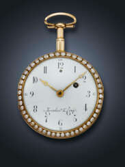 CHEVALIER & CO, YELLOW GOLD, PEARLS AND ENAMEL QUARTER REPEATER VERGE OPENFACE POCKET WATCH