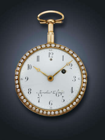 CHEVALIER & CO, YELLOW GOLD, PEARLS AND ENAMEL QUARTER REPEATER VERGE OPENFACE POCKET WATCH - фото 1