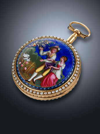 CHEVALIER & CO, YELLOW GOLD, PEARLS AND ENAMEL QUARTER REPEATER VERGE OPENFACE POCKET WATCH - photo 2