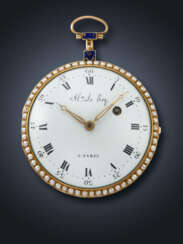 LE ROY, YELLOW GOLD, PEARLS AND ENAMEL VERGE OPENFACE POCKET WATCH