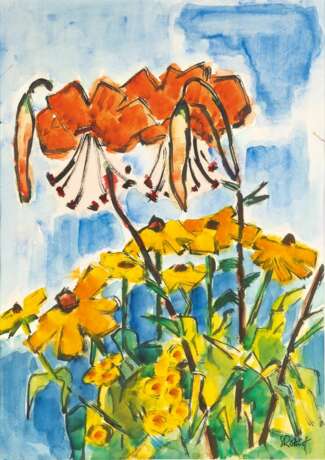 Karl Schmidt-Rottluff (Rottluff 1884 - Berlin 1976). Tigerlilien über gelben Blumen. - Foto 1
