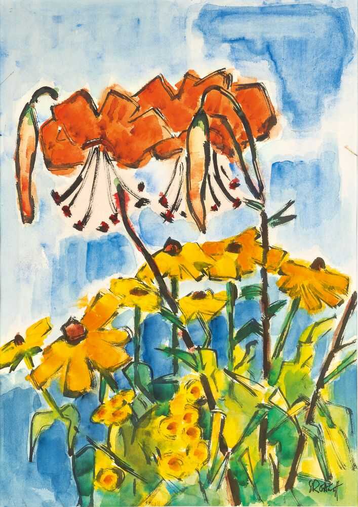 Karl Schmidt-Rottluff (Rottluff 1884 - Berlin 1976). Tigerlilien über gelben Blumen.