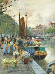 Hans Herrmann (Berlin 1858 - Berlin 1942). Blumenmarkt in Holland.