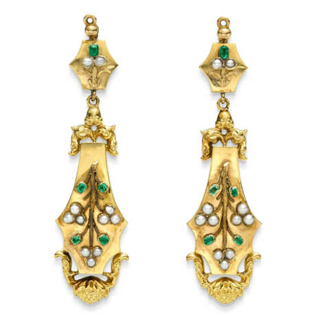 Paar Biedermeier Ohrhänger mit Smaragden und Perlen - Foto 1