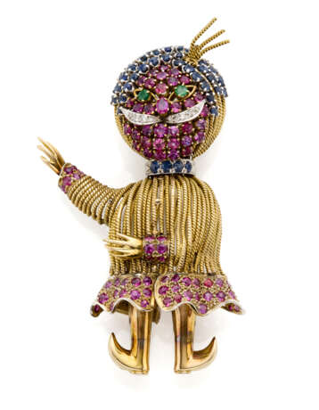 Maharaja shaped 14K gold brooch accented with rubi… - photo 1