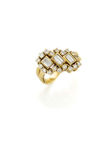 Baguette and round diamond yellow gold ring, three… - photo 2