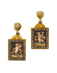 Yellow 14K gold pendant earrings holding two danci…