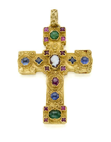 Cabochon ruby, emerald and sapphire yellow gold cr… - Foto 1