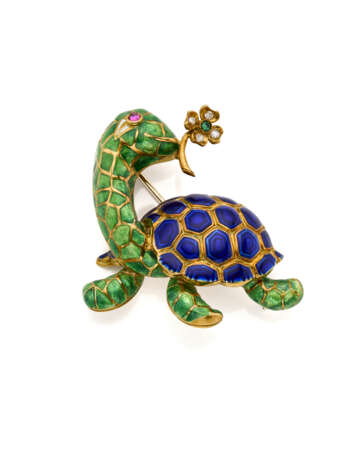 Enamel and yellow gold turtle with four leaf clove… - фото 1