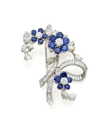 Diamond and sapphire flower and ribbon shaped broo… - фото 2