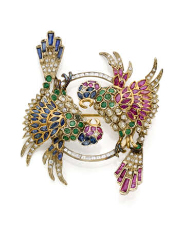 Diamond and bi-coloured gold parrot shaped brooch… - Foto 1
