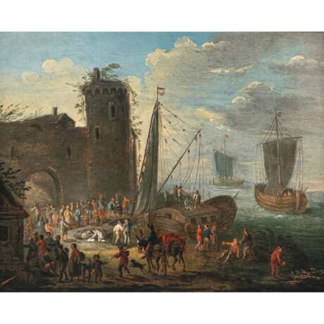 Niederlande 17. Jh.. Küstenlandschaft mit Schiffen und Figurenstaffage - Foto 1