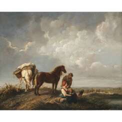 Niederlande 17./18. Jh.. Rastende Bauernfamilie mit zwei Pferden in weiter Landschaft