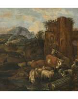 Michiel Carrée. Hirte mit Vieh in Ruinenlandschaft