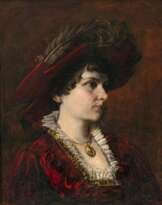 Hans Makart, zugeschrieben. Junge Frau in Rot mit Federhut