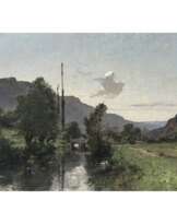 Léon Germain Pelouse. Französische Flusslandschaft mit Steinbrücke