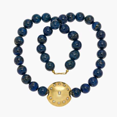 Lapis Lazuli Kugelkette mit großer Gelbgoldschließe - Foto 1