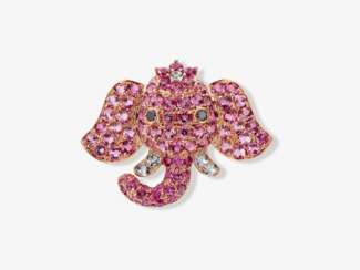 Kettenanhänger mit rosa Turmalinen verzierten Elefantenkopf