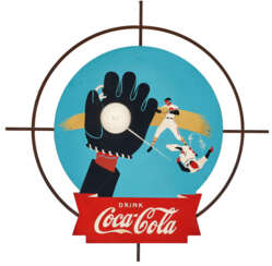 A PAINT-DECORATED METAL COCA-COLA BASEBALL TRADE SIGN