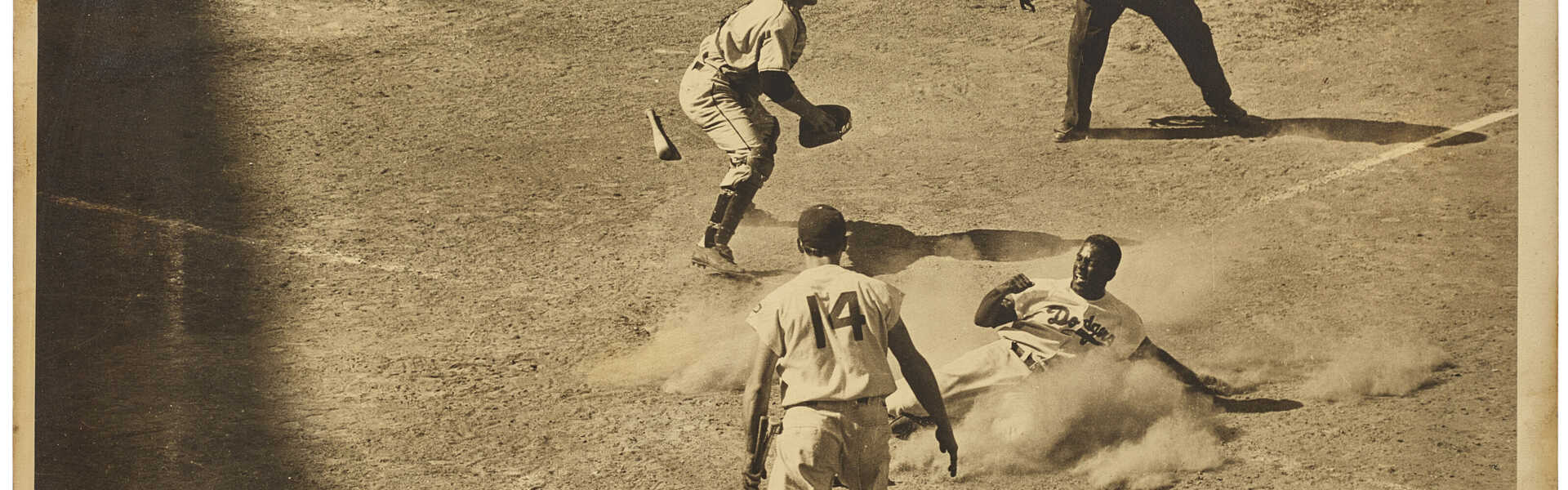 JACKIE ROBINSON "SAFE AT HOME" LARGE FORMAT PHOTOGRAPH C.1950S (PSA/DNA TYPE I)